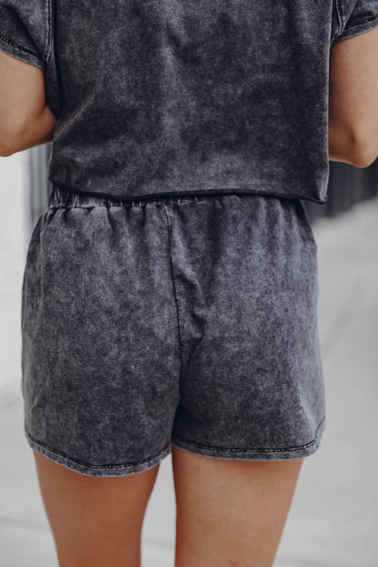 Black Acid Washed T Shirt & Drawstring Short Loungewear Set