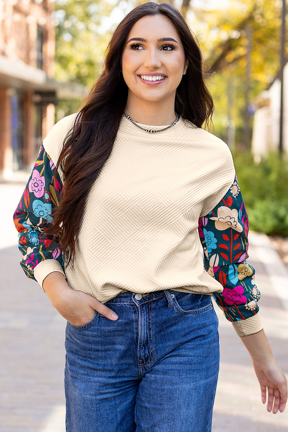 White Contrast Floral Sleeve Textured Drop Shoulder Knit Top