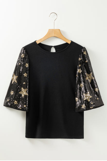 Black Star Sequin Splicing Half Sleeve Top