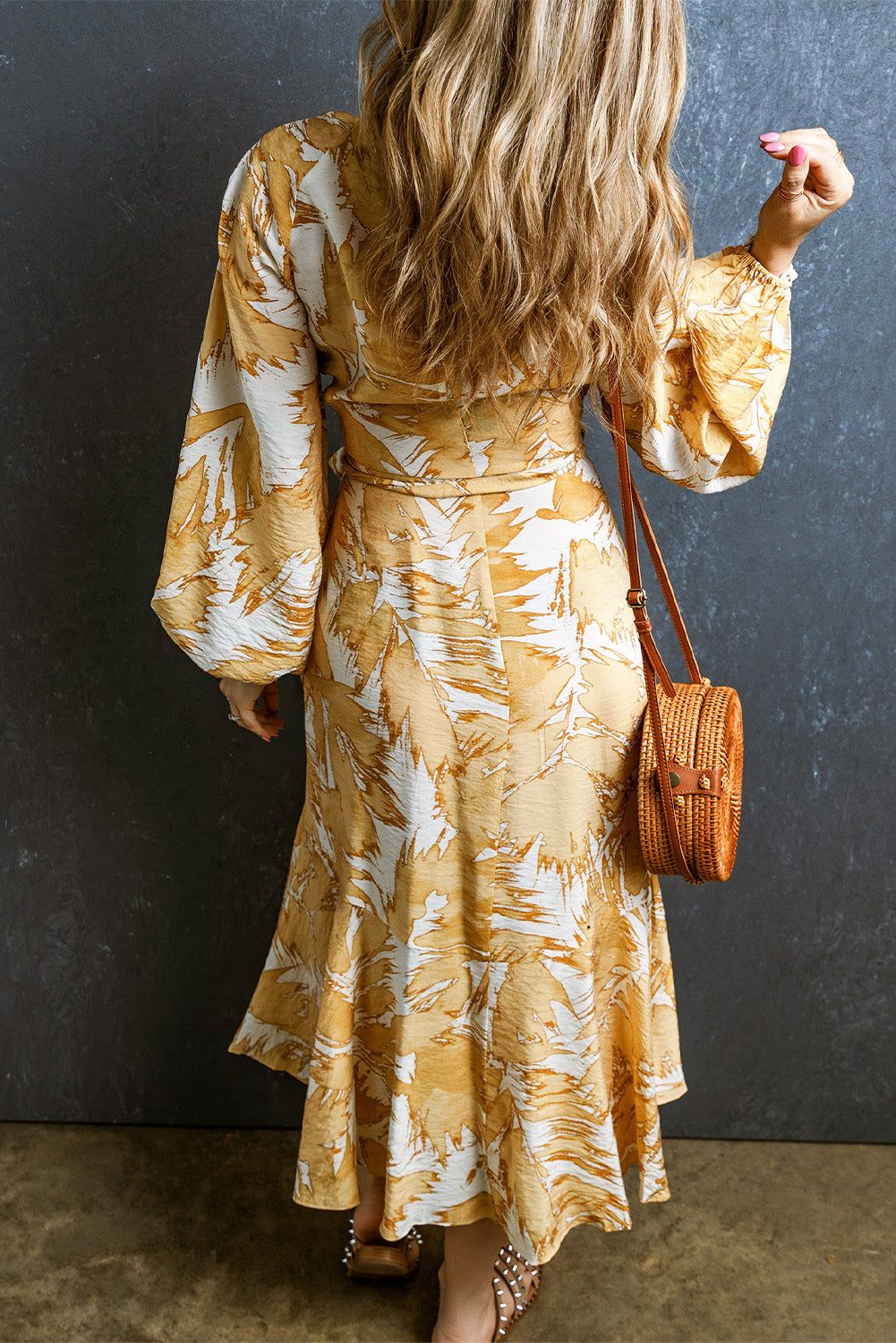 Yellow V Neck Wrap Lace up Bubble Sleeve Floral Dress