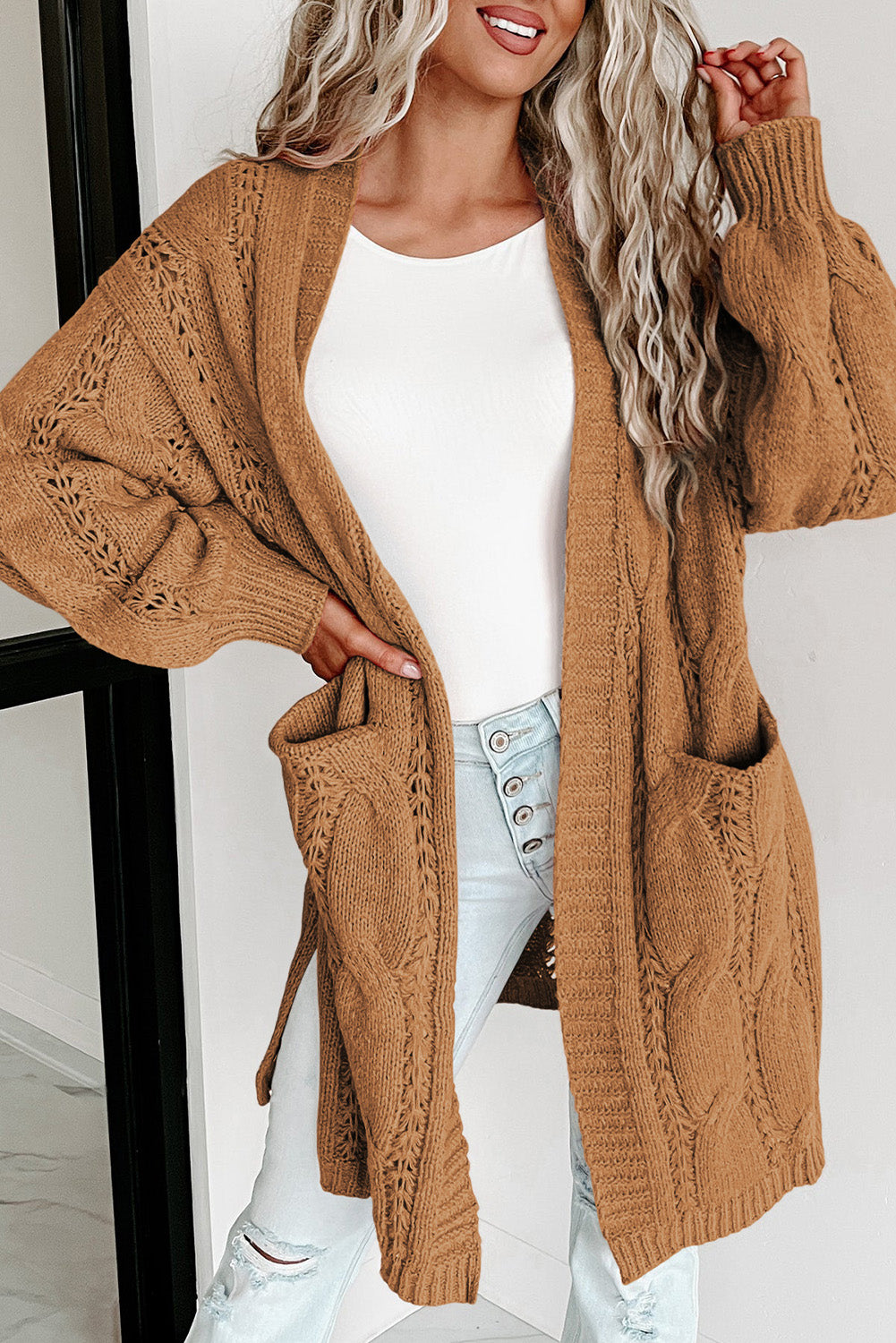 Red Ribbed Trim Hollow Knit Side Slits Cardigan