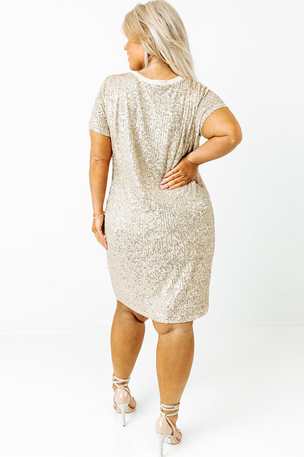 Light Pink Plus Size Sequin Short Sleeve T-shirt Dress