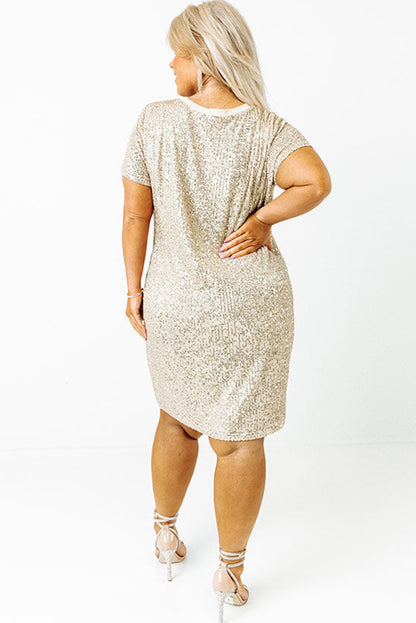 Light Pink Plus Size Sequin Short Sleeve T-shirt Dress