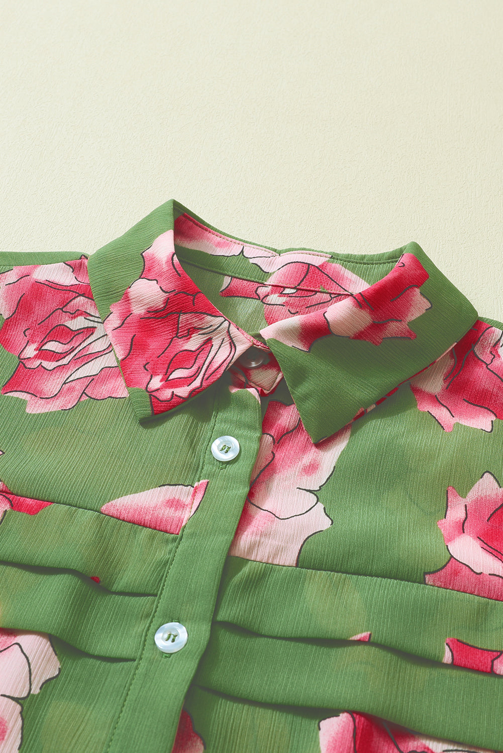 Green Floral Print Pleated Detail Puff Sleeve Shirt