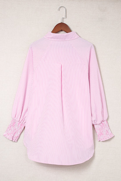 Pink Smocked Cuffed Striped Boyfriend Shirt with Pocket