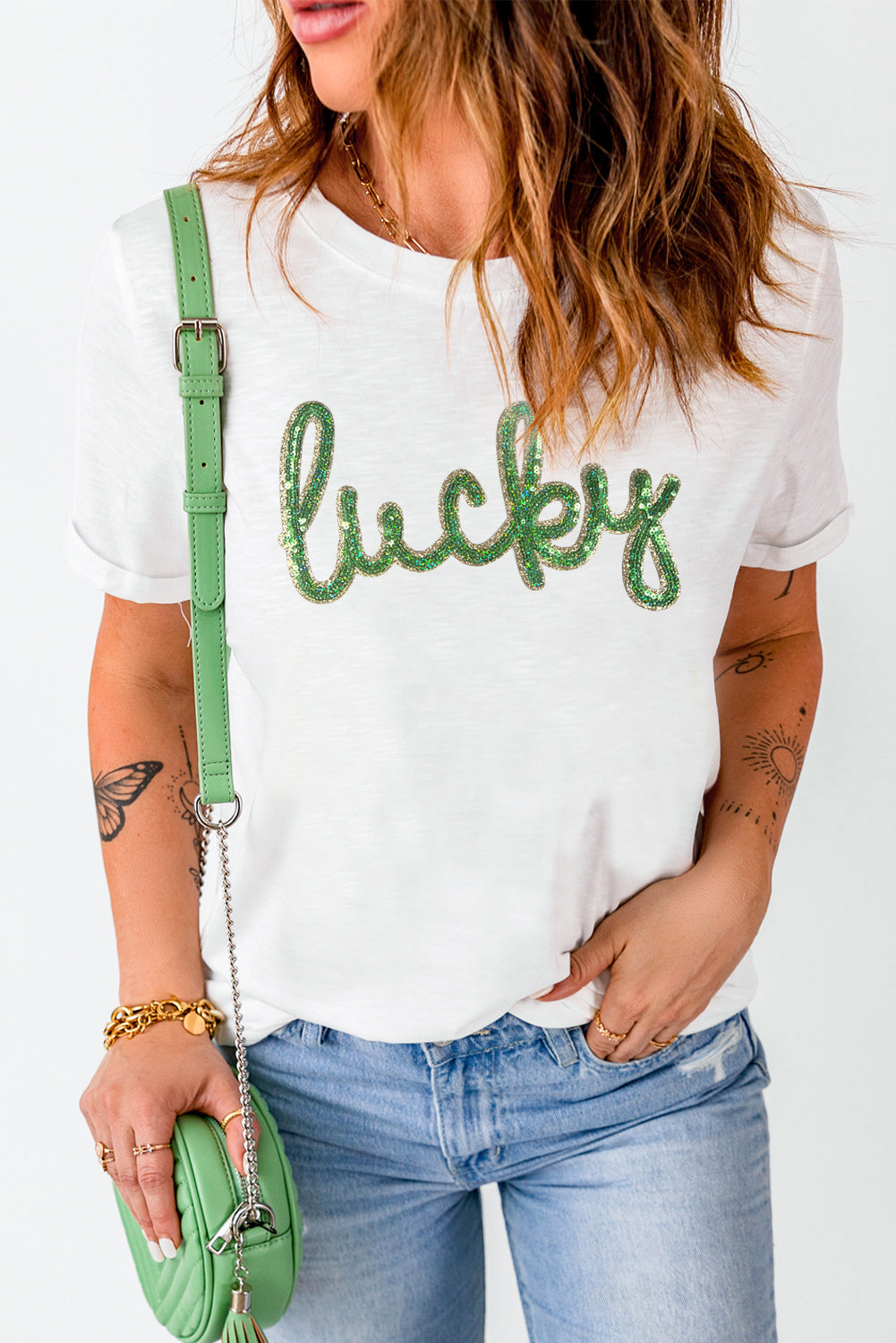 White Sequined Lucky St.Patricks Day Graphic Tee