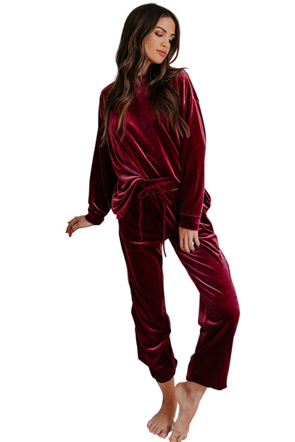 Fiery Red Solid Velvet Two Piece Lounge Set