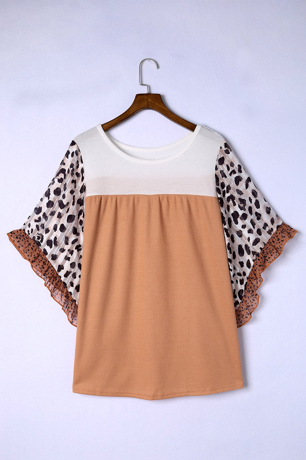 Black Rib Knit Animal Print Ruffle Sleeves Plus Size Top