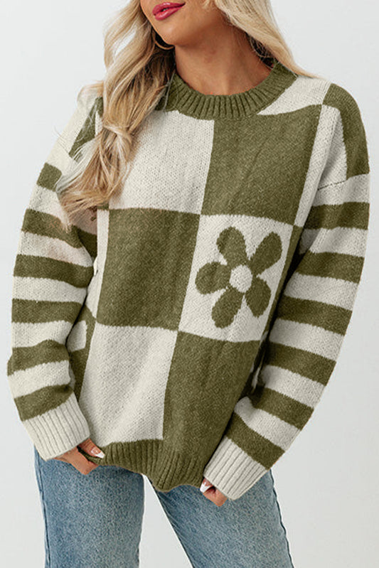 Mist Green Checkered and Striped Knitted Pullover Sweater