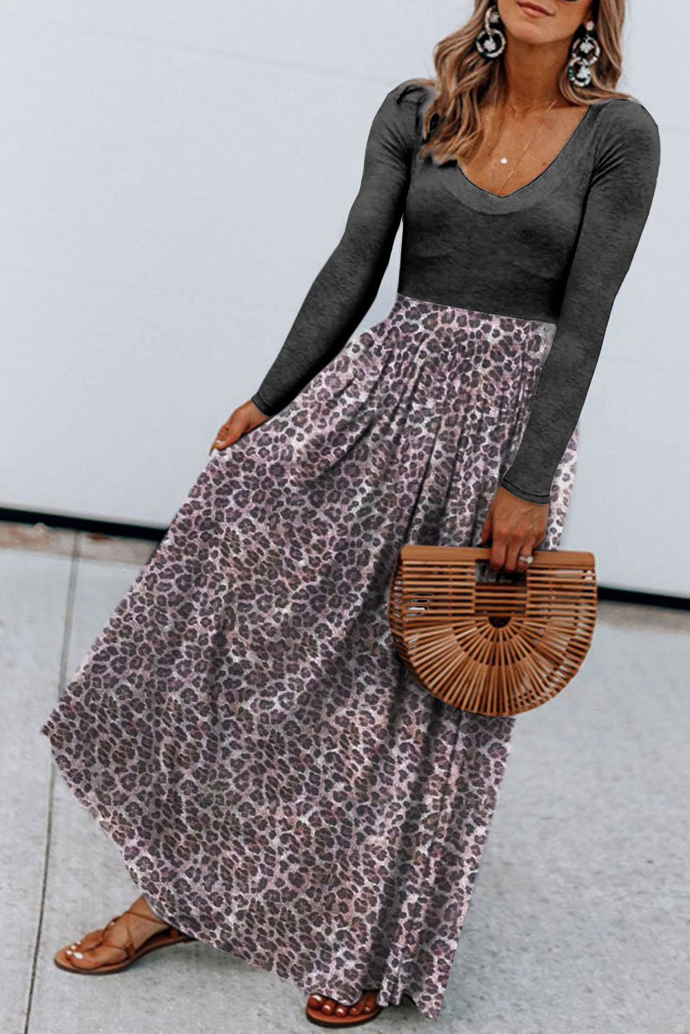 Black and Leopard Print Long Sleeve Boho Maxi Dress