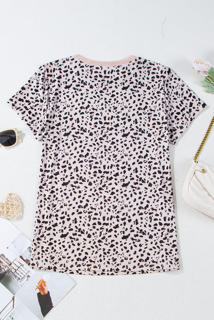 Apricot Cheetah Print O-neck Short Sleeve T Shirt