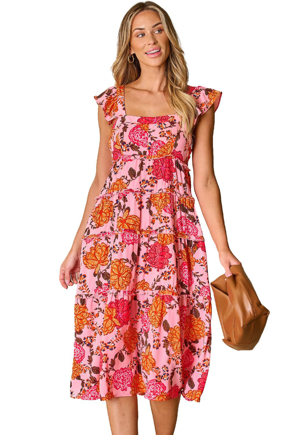 Pink Floral Square Neck Ruffled Flutter Sleeve Tiered Midi Dress