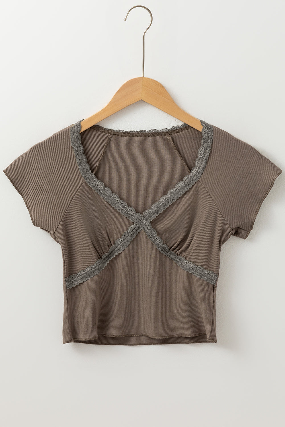 Dark Brown Lace Splicing Criss Cross Slim Fit V Neck T Shirt