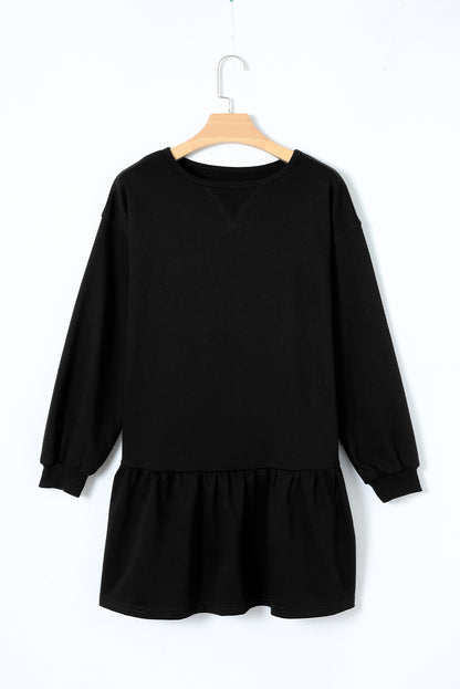 Black Solid Color Puff Sleeve Ruffle Hem Mini Dress