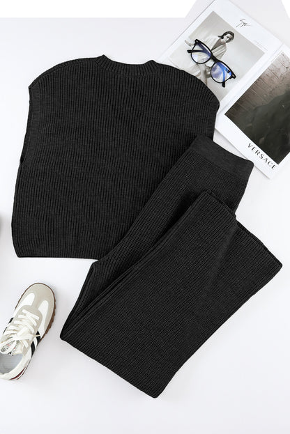 Black Knitted V Neck Sweater and Casual Pants Set