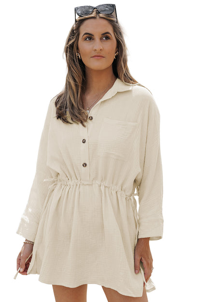 Beige Button Pockets Drawstring Waist Dress