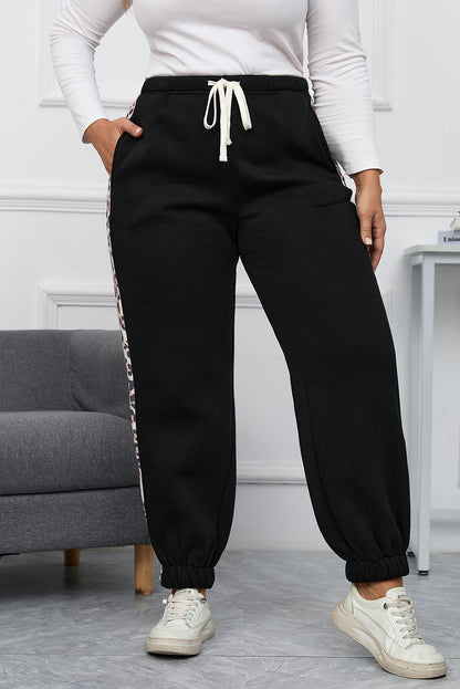 Black Plus Size Contrast Leopard Side Panel Joggers