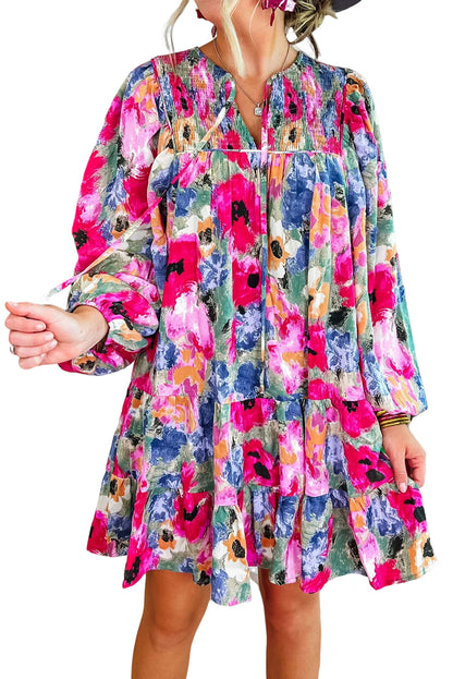 Multicolor Boho Floral Print Tie Neck Smocked Dress