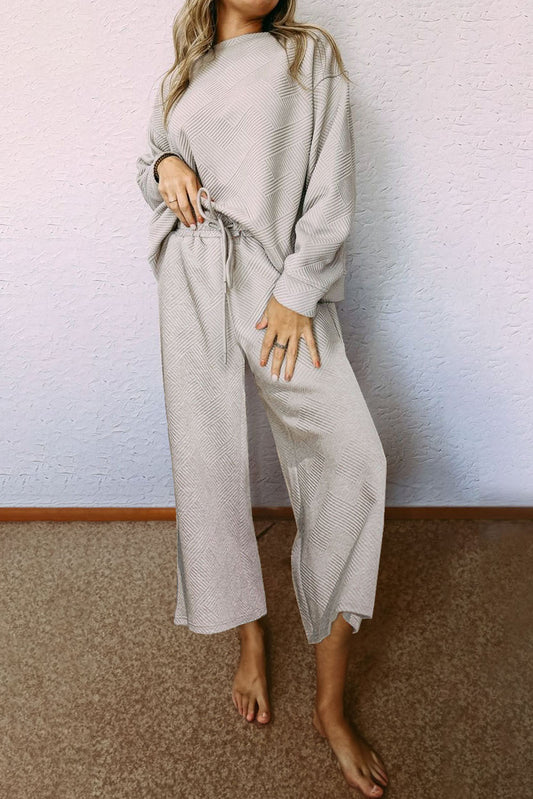 Dark Khaki Textured Loose Slouchy Long Sleeve Top and Pants Set