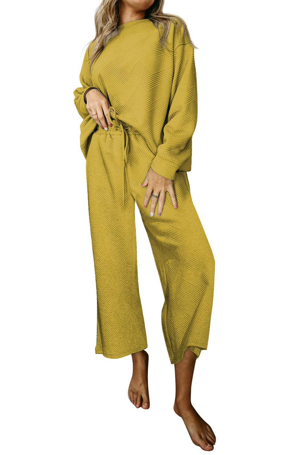 Dark Khaki Textured Loose Slouchy Long Sleeve Top and Pants Set