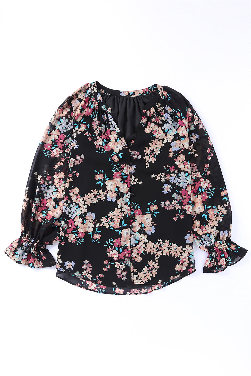 Black Wildflower Print Chiffon Blouse