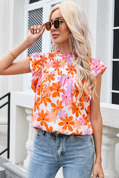 Orange Ruffled Sleeve Smocked Floral Top