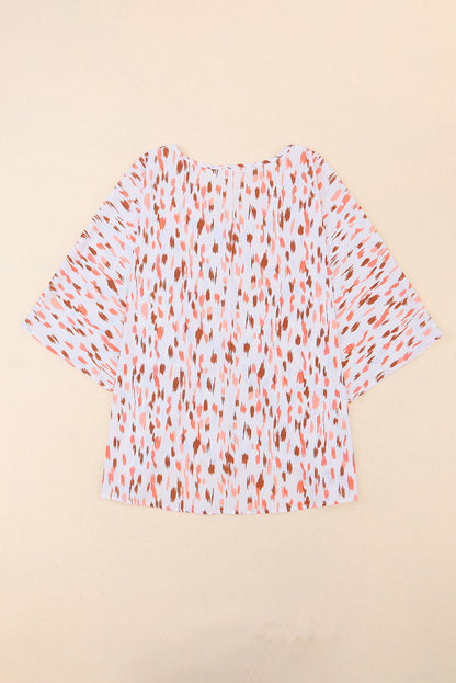 Pink Elegant Polka Dots 3/4 Dolman Sleeve Plus Size Blouse