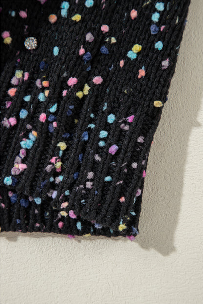 Black Rhinestone Decor Multicolor Confetti Sweater Cardigan