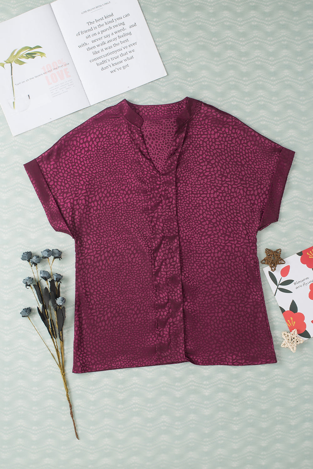 Red Leopard Print Rolled Sleeve V Neck Blouse