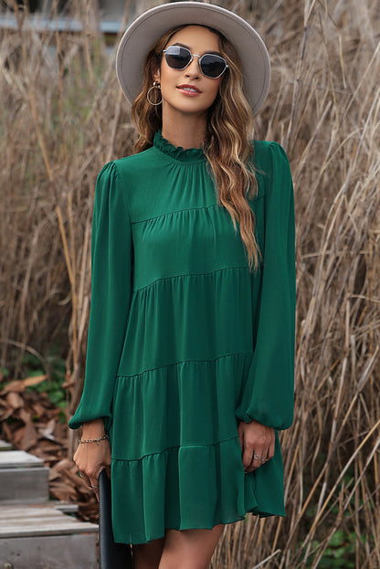 Green Puff Sleeve Mock Neck Back Knot Tiered Dress