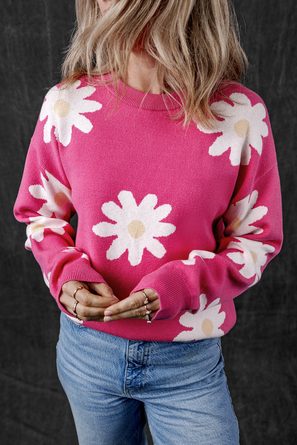 Bright Pink Daisy Flower Crew Neck Long Sleeve Sweater