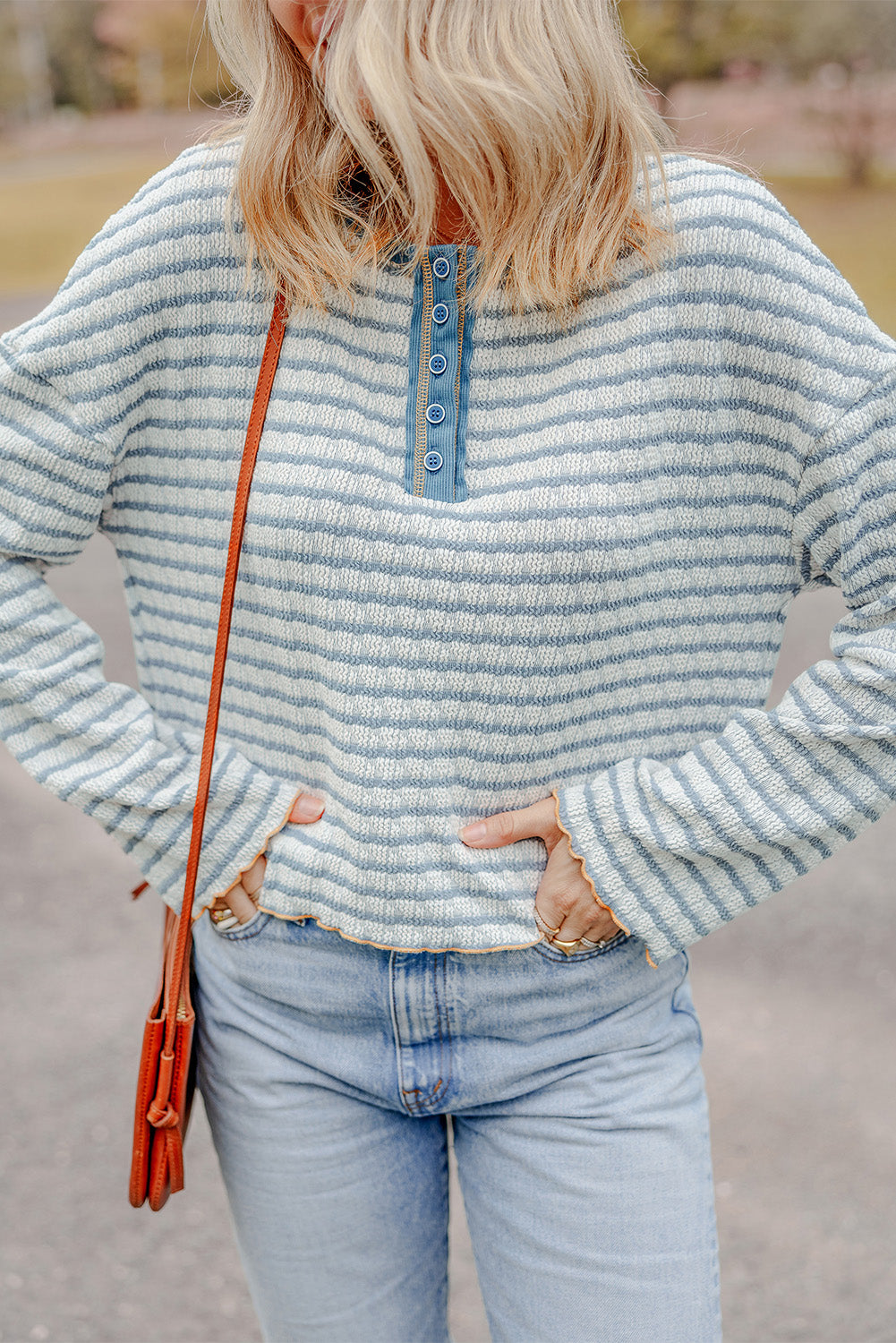 Sky Blue Stripe Textured Frilly Trim Buttons Henley Long Sleeve Top