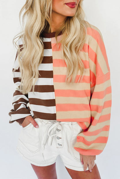 Brown Stripe Color Block Drop Shoulder Pullover Sweatshirt