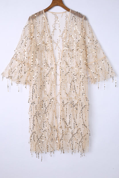 White Sequin Sheer Casual Open Front Cover Up