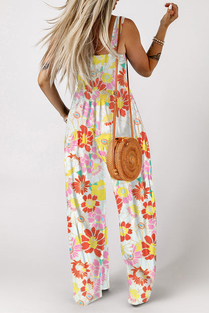 Multicolor Floral Print Shirred Sleeveless Wide Leg Jumpsuit