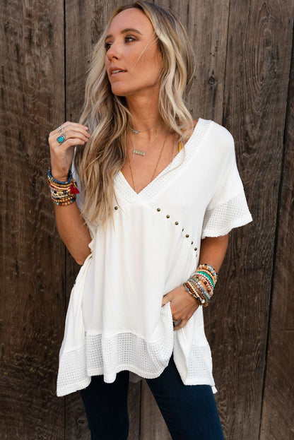 White Contrast Knit Splicing V Neck Studded Blouse