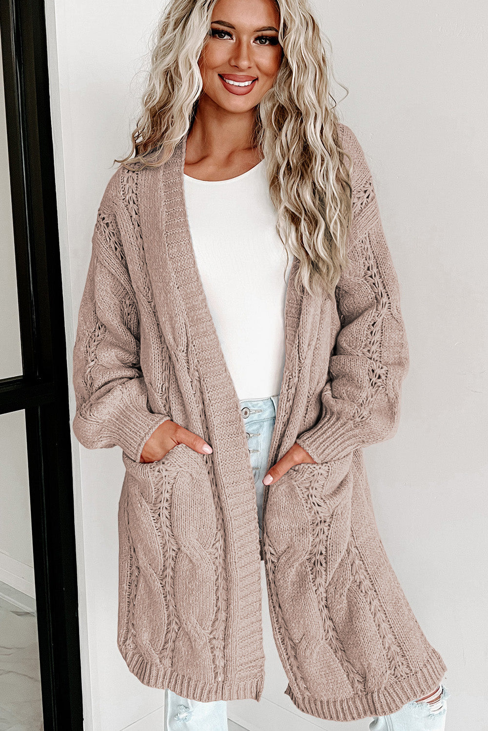 Red Ribbed Trim Hollow Knit Side Slits Cardigan