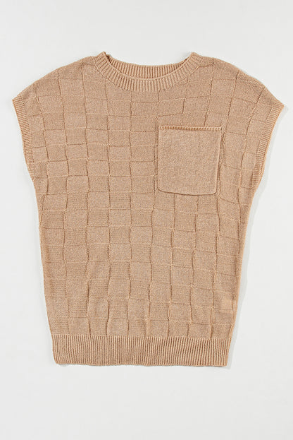 Smoke Gray Lattice Textured Knit Short Sleeve Sweater