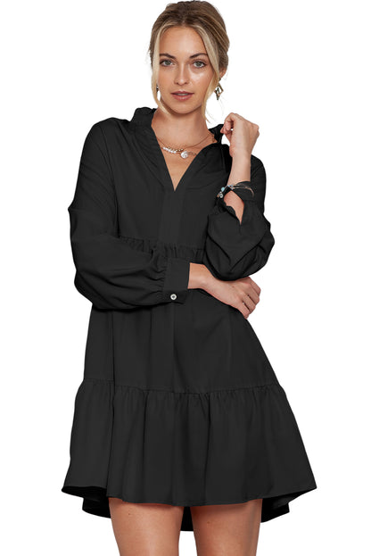 Black Elegant Stand V Neck Short Frill Dress