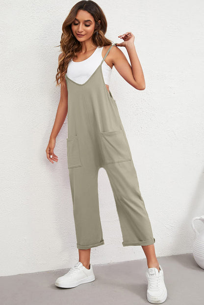 Green Pocketed Adjustable Spaghetti Strap Straight Leg Jumpsuit