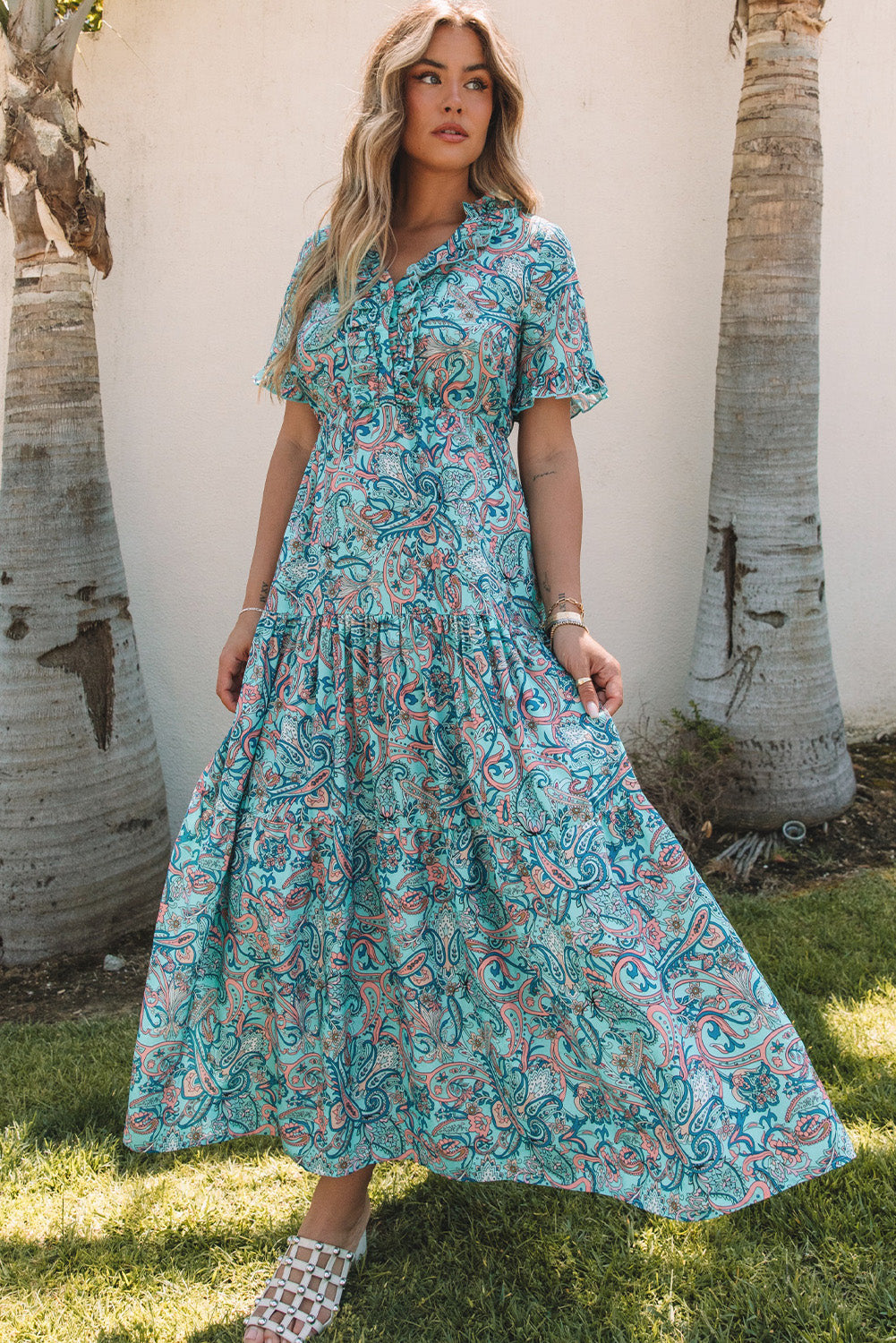 Sky Blue Paisley Print Boho Holiday Ruffle Tiered Maxi Dress