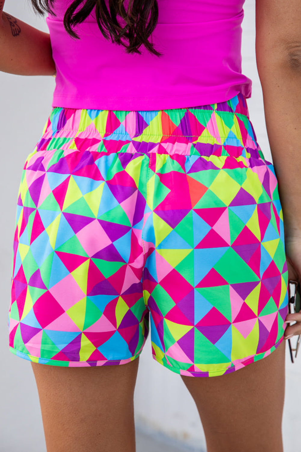 Multicolor Geometric Elastic High Waisted Shorts for Women