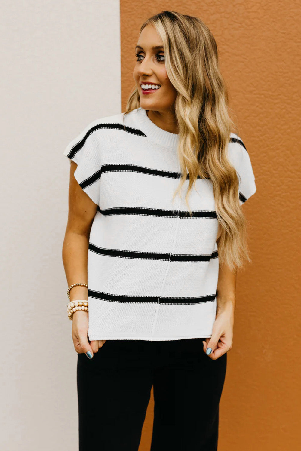 White Striped Batwing Sleeve Sweater Tee