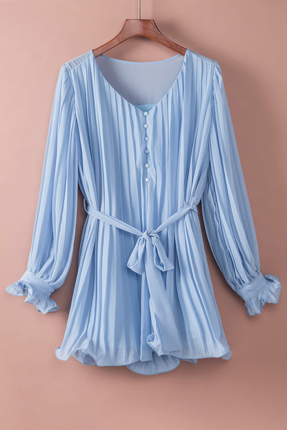 Sky Blue Pleated Ruffled Tie Waist Buttons V Neck Romper