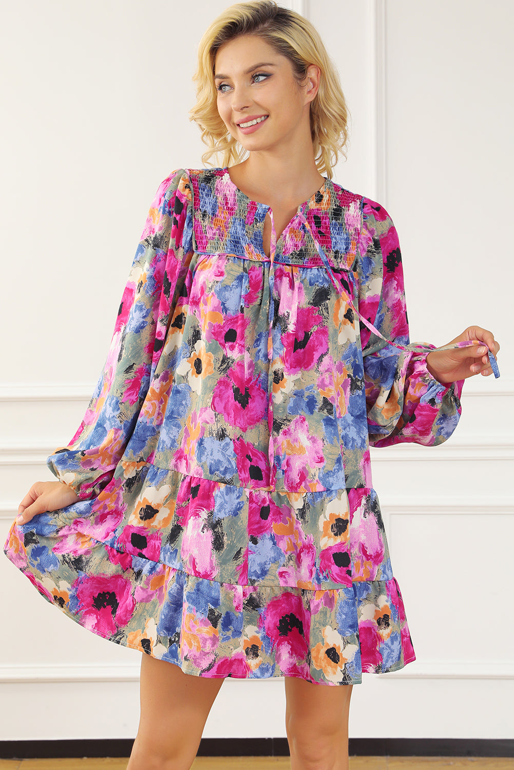 Multicolour Floral Tie Neck Bubble Sleeve Shift Dress