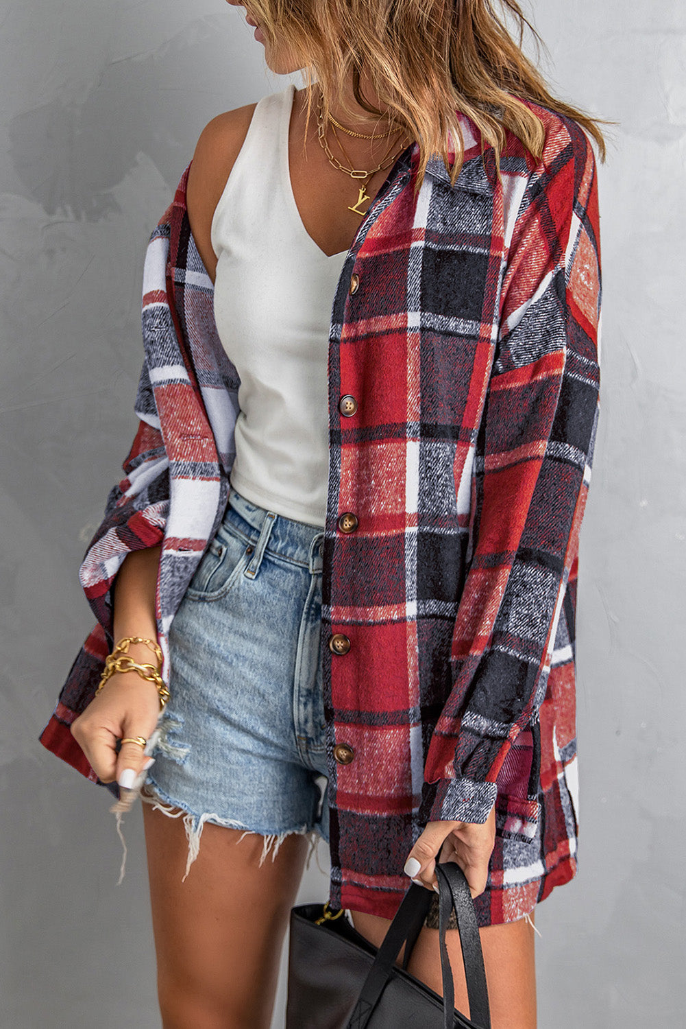 Orange Plaid Button Up Long Sleeve Flannel Shacket