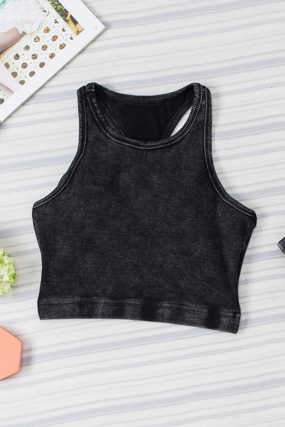 Black Ribbed Mineral Wash Racerback Cropped Tank Top