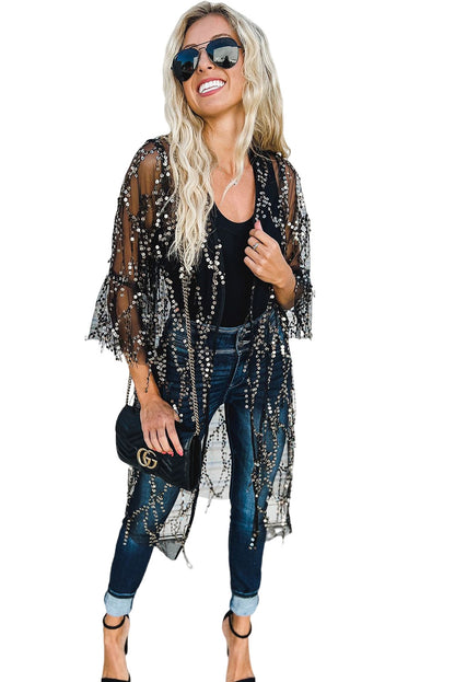 White Sequin Sheer Casual Open Front Cover Up