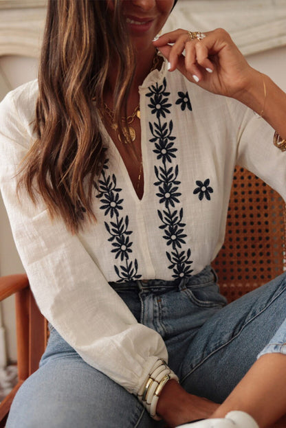 White Floral Embroidered Frilled V Neck Puff Sleeve Blouse