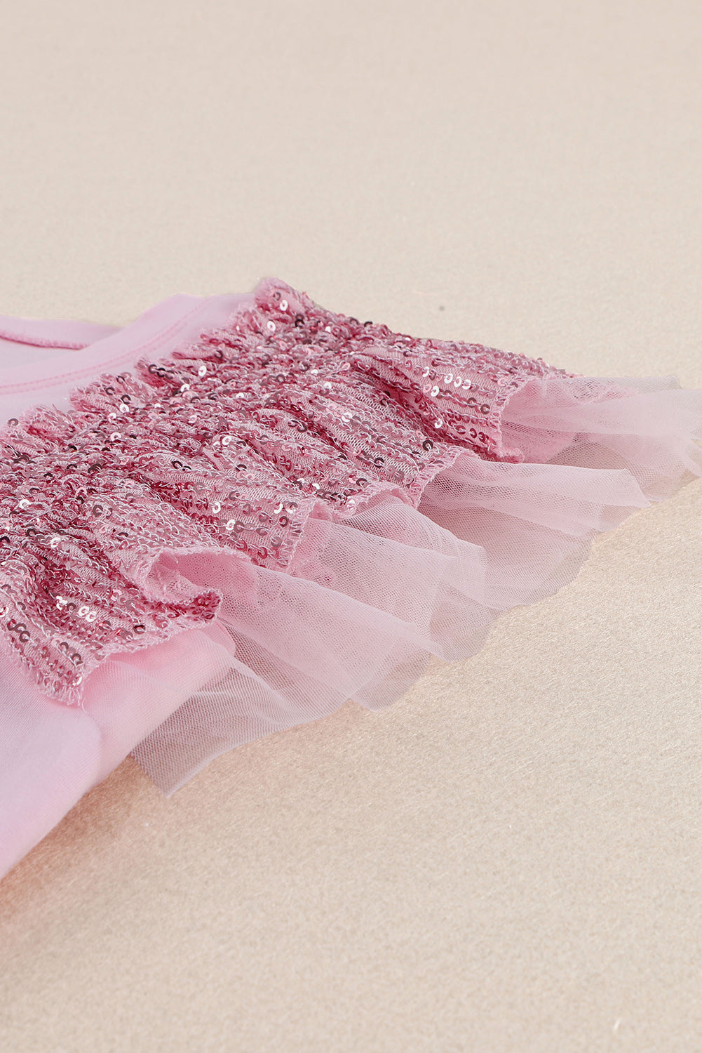 Pink Sequined Ruffle Mesh Sleeves Top